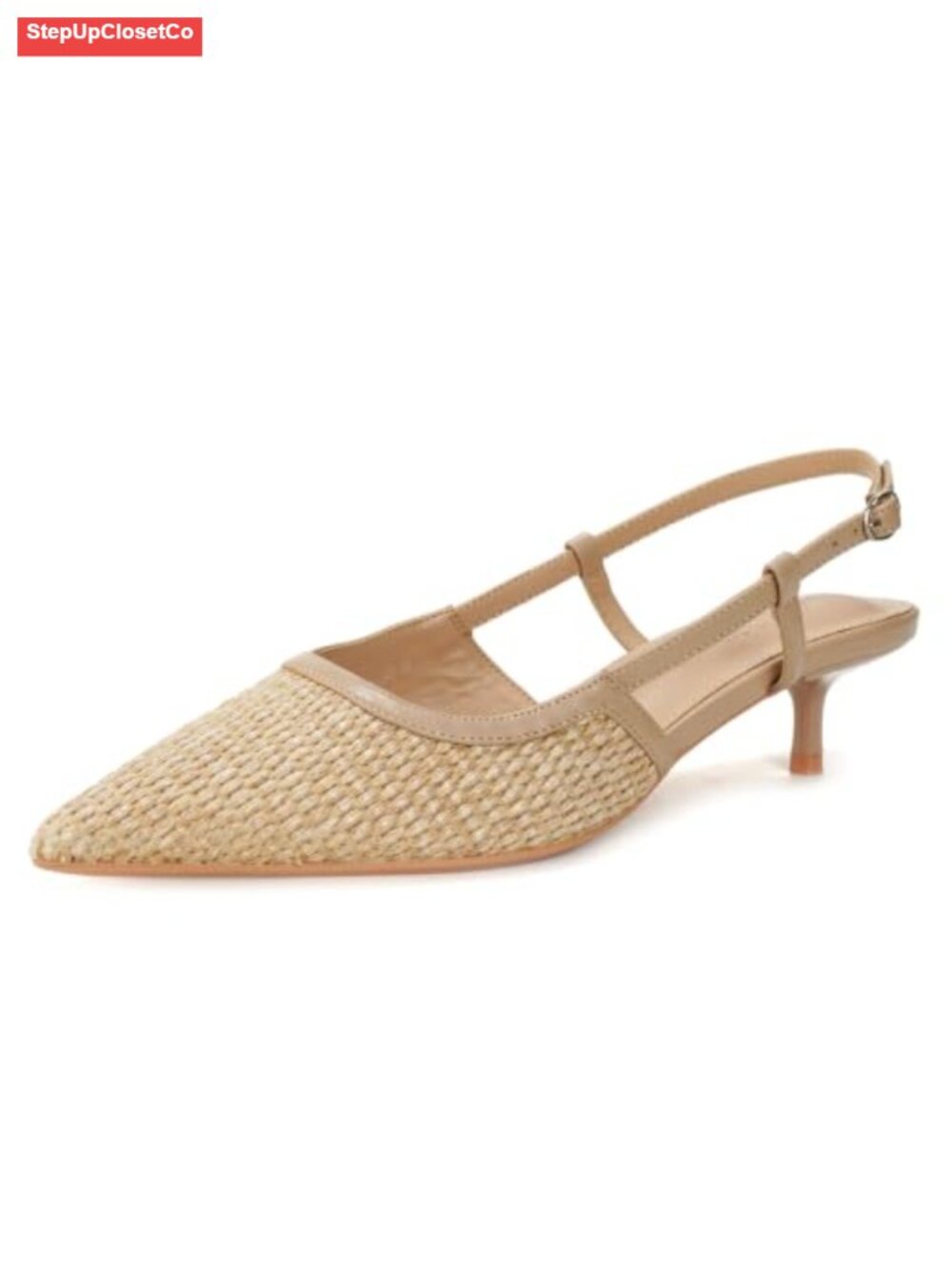 Woven Slingback Kitten Heels Pointed Toe Pumps Adjustable Buckle Strap